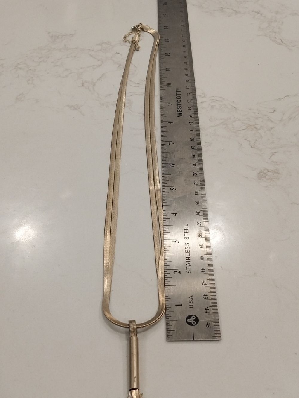 Gold-Tone Women's Double Herringbone Necklace with Vertical Bar Pendant..EUC